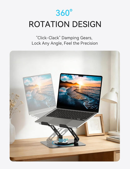 SOUNDANCE 360 Rotating Laptop Stand, Ergonomic Computer Riser for Desk, Adjustable Height Multi-Angle Metal Holder, Foldable Portable Notebook Elevating Base for Office & Home, White