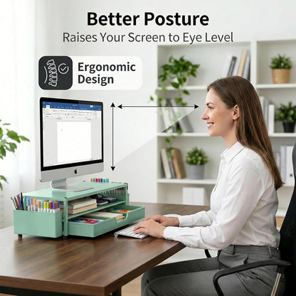ECOLOVI Desk Organizer and Accessories, 2-Tier Computer Monitor Stand Rise with Storage Drawer & 2 Pen Holders, Laptop & Printer Stand for Desktop, Workspace Organizers for Office Supplies (Brown)