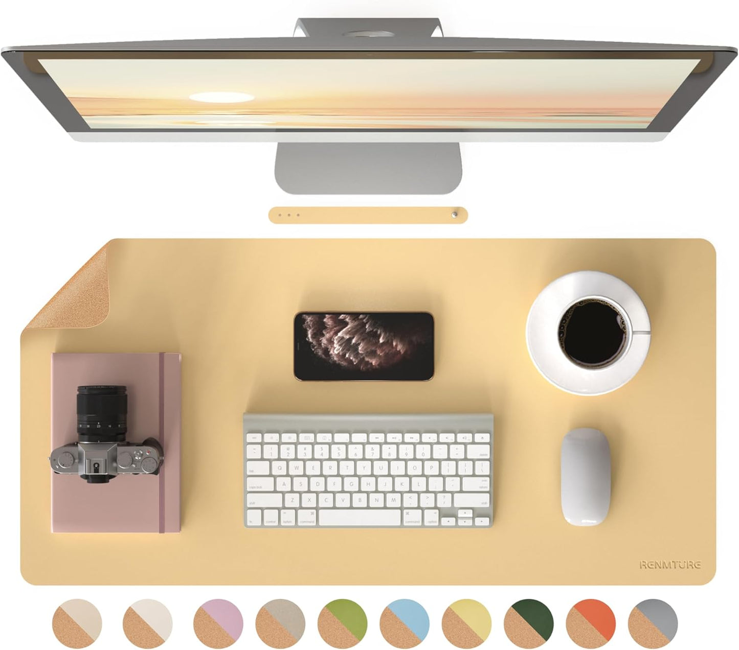 RENMTURE Desk Pad, Cork & PU Leather Desk Mat, Large Mouse pad, Non-Slip Desk Protector and Blotter, Waterproof Writing Pad, Desk Accessories and Organizers for Home Office (Light Yellow, 32"x16")