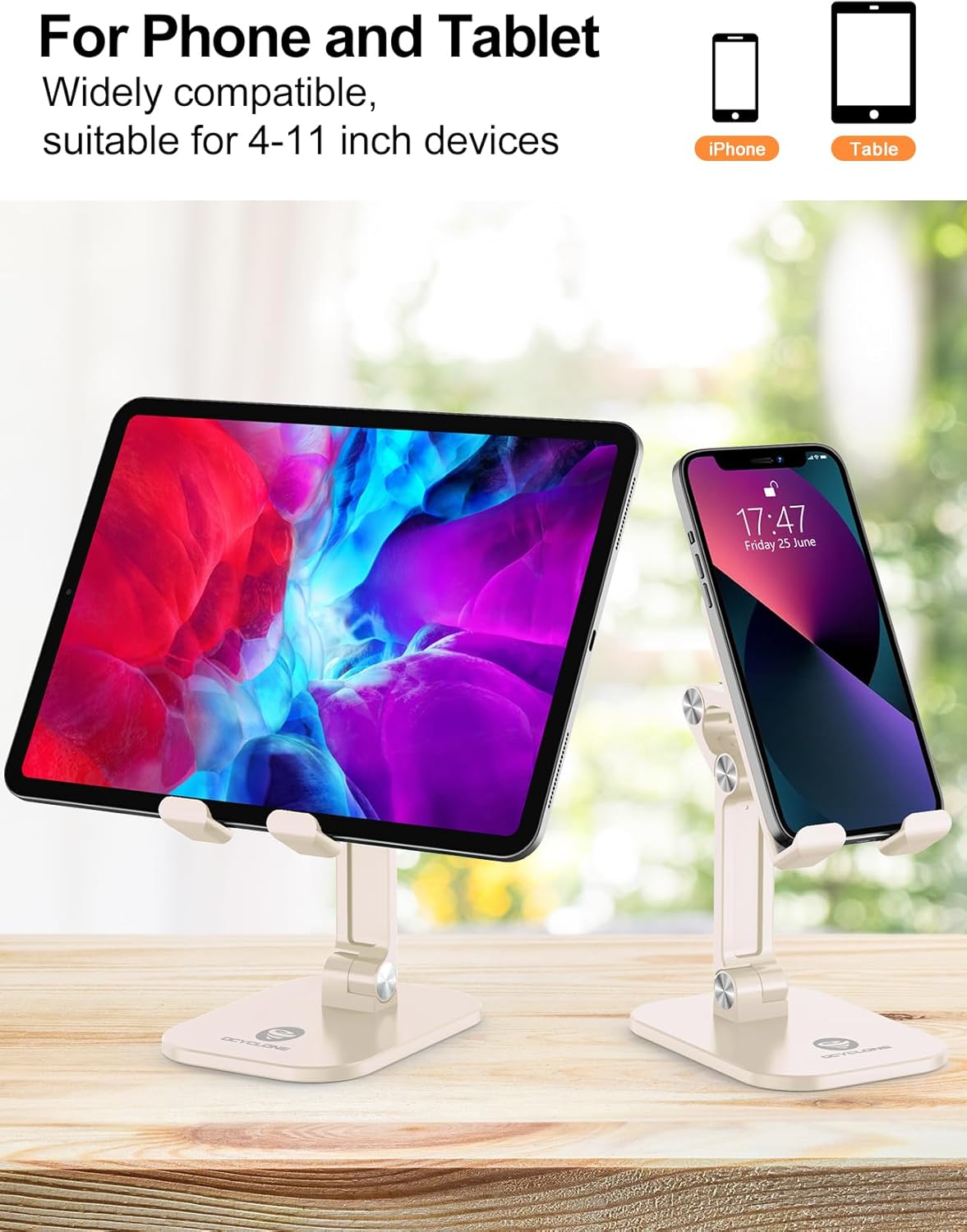 OCYCLONE Phone Stand, Cell Phone Stand Holder for Desk Office Accessories Adjustable Height and Angle Foldable iPhone Stand Compatible with 4"-13" All Phones iPad Tablet - Black
