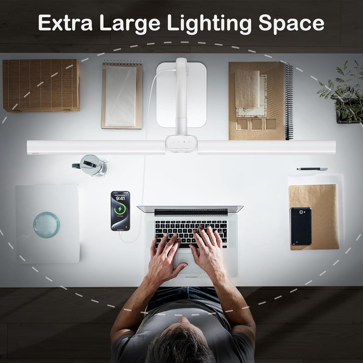Desk Lamp with USB Charging Port for Home Office 24w Architect Remote Base Dual Task Led Light Modern 5 Color Modes Dimmable Adjustable Gooseneck Double Head Reading Drafting Eye Caring Tall Lamps