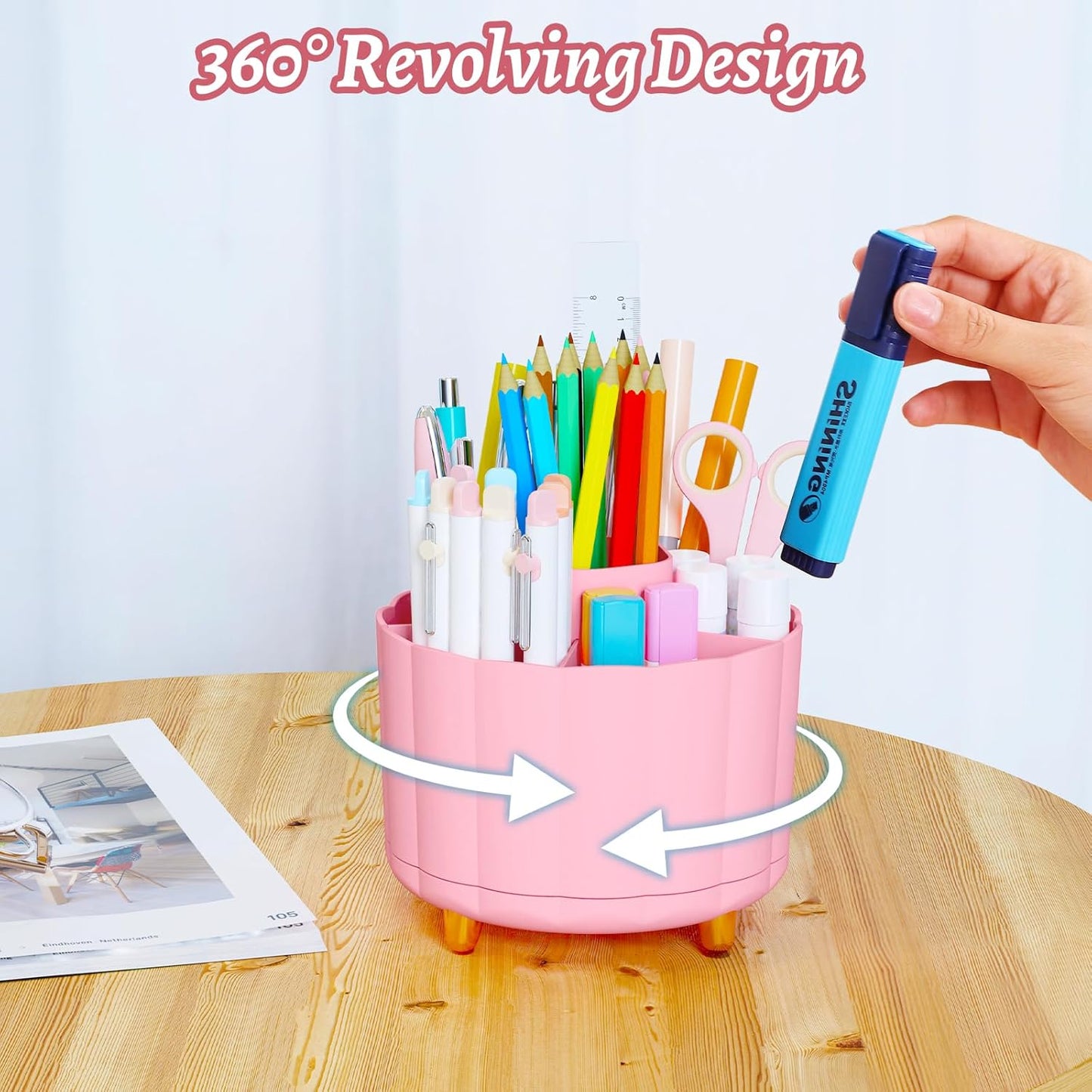 360 Rotating Pencil Pen Holder for Desk, White Pen Organizer with 6 Slots, Cute Office Supplies, Desk Accessories for Office, School, Home