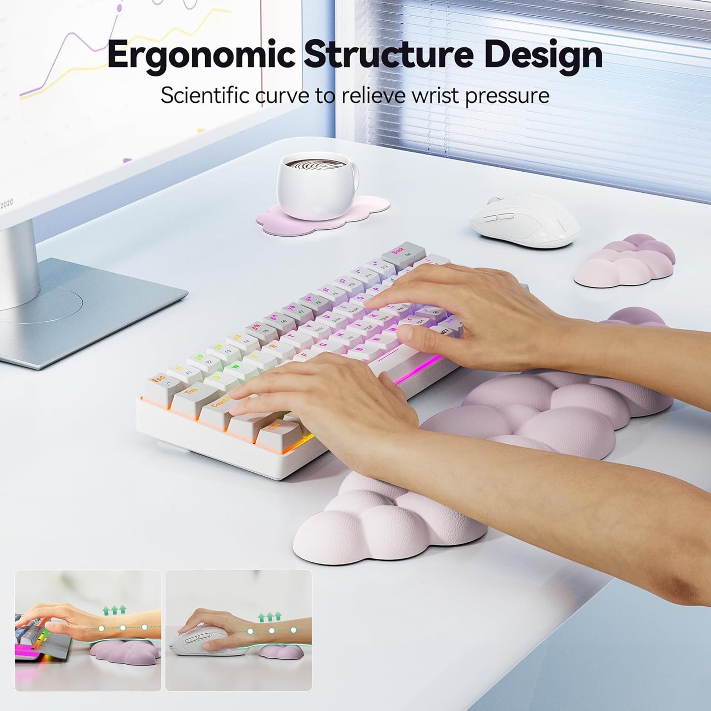 TECKNET Cloud Keyboard Wrist Rest Set, Cloud Wrist Rest with Non-Slip Base, PU Leather Wrist Pad for Keyboard with Ergonomic Memory Foam for Computer Laptop Office Gaming and Pain Relief, White