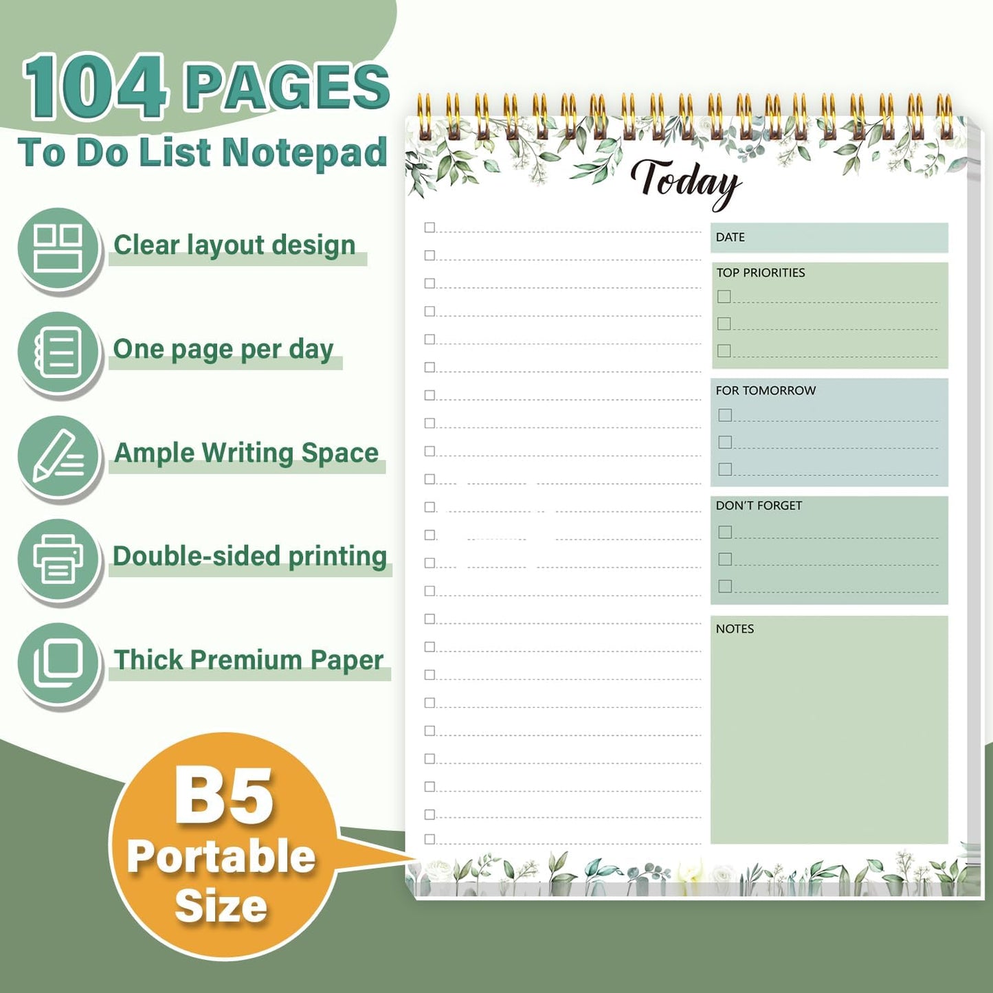 104 Pgs To Do List Notepad - Daily Planner Notepad Undated 52 Duplex-Printed Undated Sheets Tear Off, 6.5" x 9.8" Checklist Productivity Organizer with Hourly Schedule for Tasks