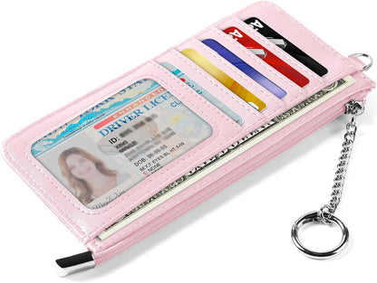 RFID Blocking Slim Credit Card Holder Wallet with Zipper Money Pocket & Keychain, Slim Airtag Wallet for Men Women