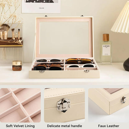 Frebeauty Sunglass Organizer,PU Leather Glasses Organizer,8-Slot Sunglasses Tray,Men's/Women's Sunglasses Box,Sunglass Case,13.3 x 9.6 x 1.5 Inches,Eyeglass/Eyewear Display Tray(Grey)