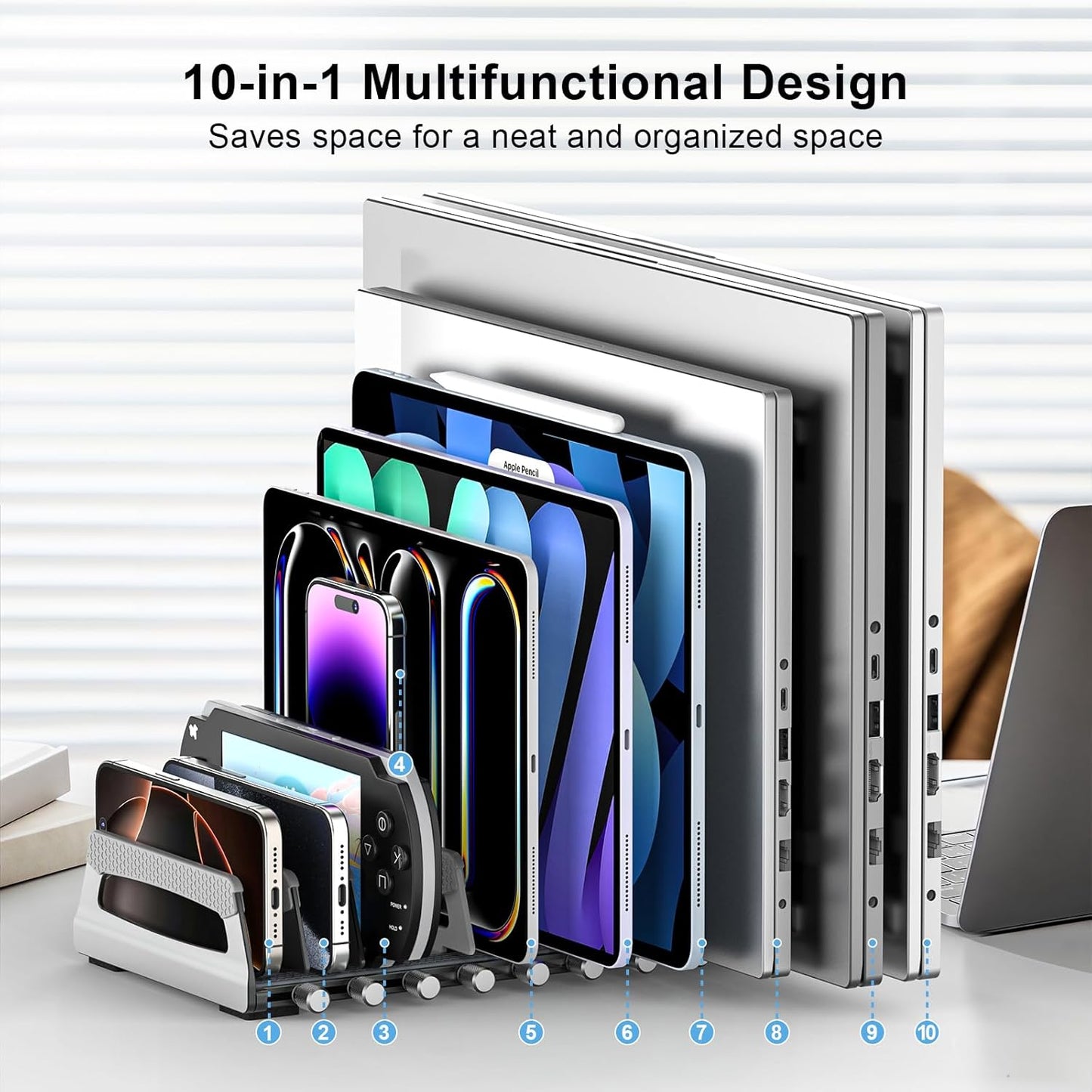 Elestoria 10-Slot Vertical Laptop Stand & Holder – Adjustable Aluminum Laptop Stand Vertical for Desk Fits 10 Devices, MacBook & Gaming Laptops (Up to 17.3”) – Space Saving Laptop Storage Rack - Grey