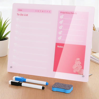 LeMotech Desktop Acrylic Dry Erase Board, 12x10 inches to-Do List Planner, Tabletop Whiteboard with Stand Office Supplies Includes 2 Markers & 1 Eraser, Pink Rose Pattern, 1 Pack
