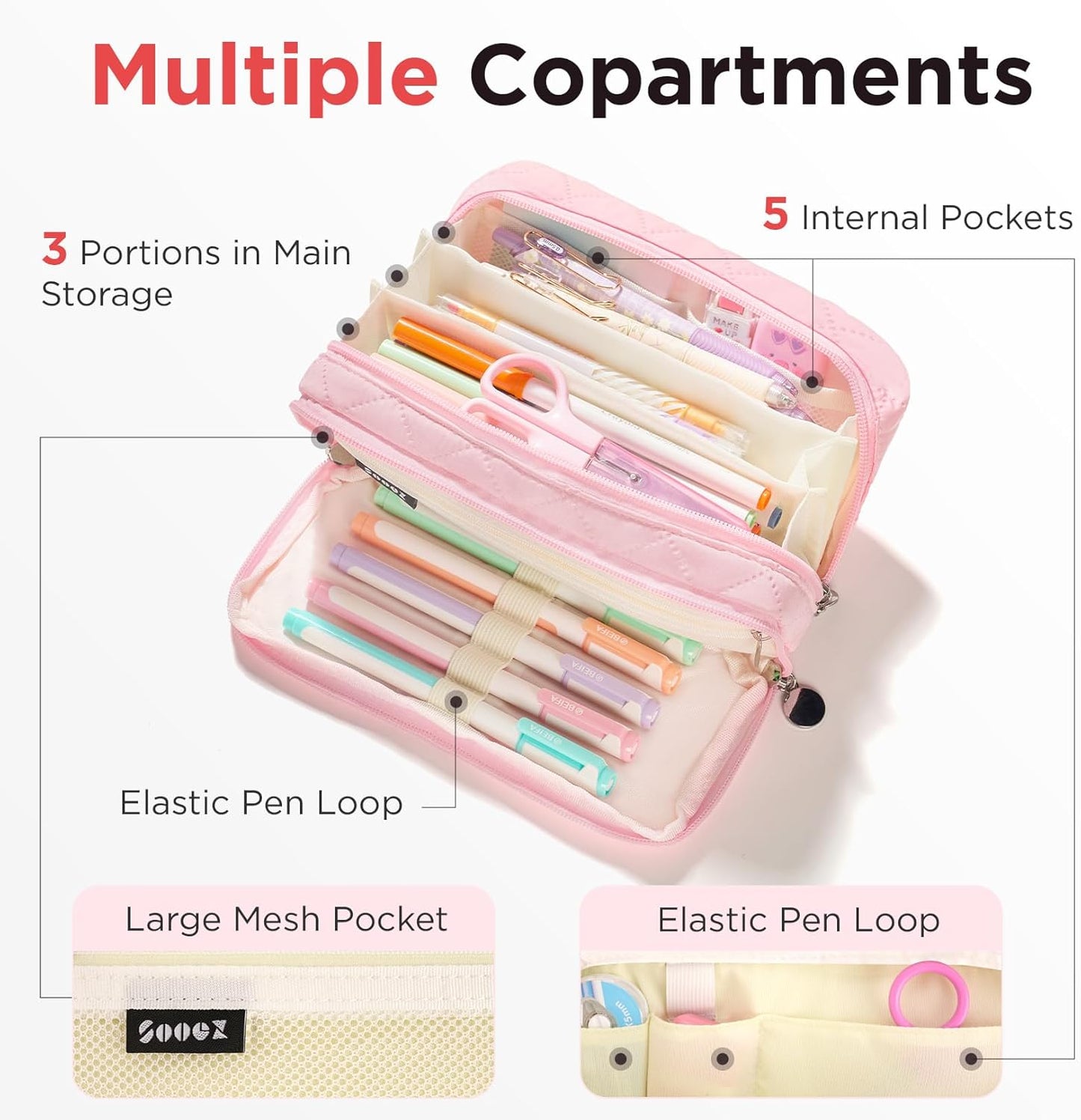 Sooez Large Pencil Case Pouch, Extra Big Pencil Bag with 8 Compartments, Pen Bag Wide Opening, Soft Quilted Pencil Pouch Organizer with Zipper, Portable Pencil Case for Teen Girls, Pink