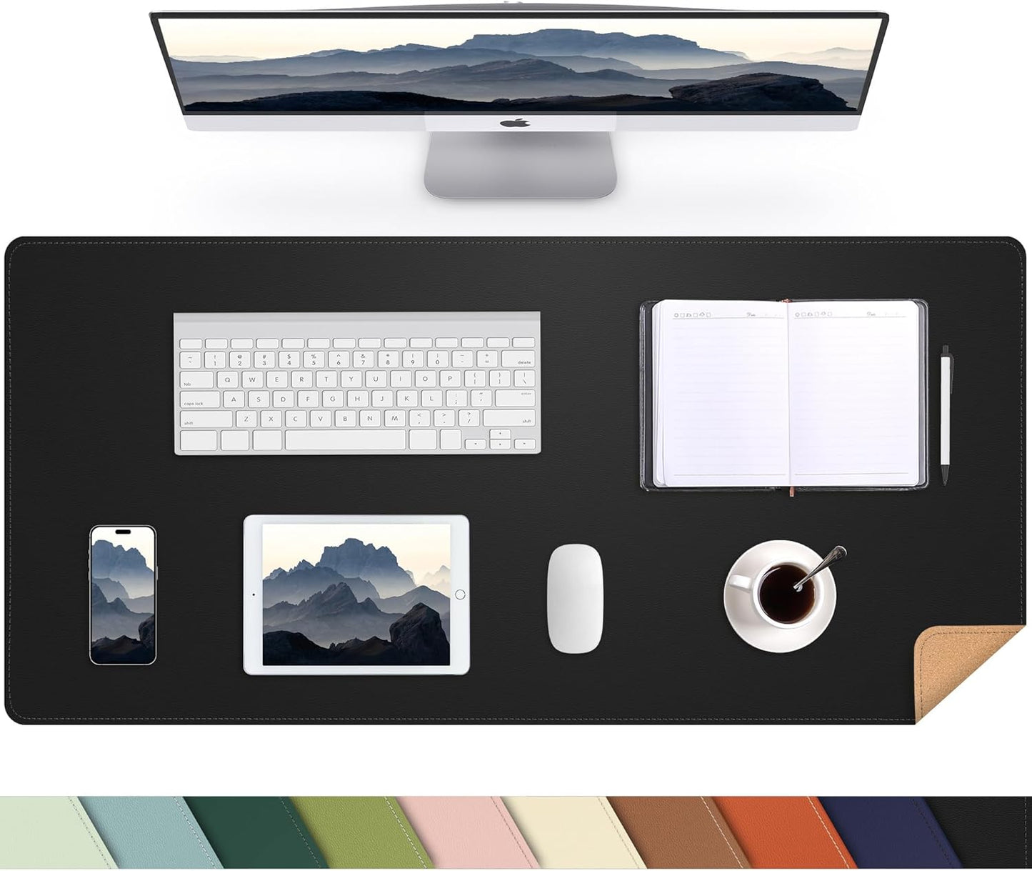AFIING Large Desk Mat 47" x 17", Dual-Sided Natural Cork & PU Leather Desk Pad, Non-Slip Waterproof Mouse Pad for Office, Home & Gaming, Black