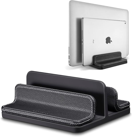 Leather Vertical Laptop Stand,Dual Laptop Holder Stand,Laptop Organizer with Adjustable Dock (18-26mm/0.7-1 in) for All MacBook/Tablet/Surface/Dell/iPad (Black)