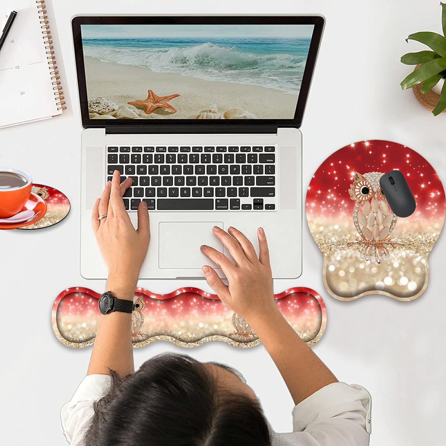 Mouse Wrist Rest and Keyboard Wrist Rest Pad Set, Non-Slip Rubber Base Smooth Surface Ergonomic Gaming Mouse Pad for Easy Typing and Pain Relief, Antique Blue Wood Grain Dog Paw + Coaster