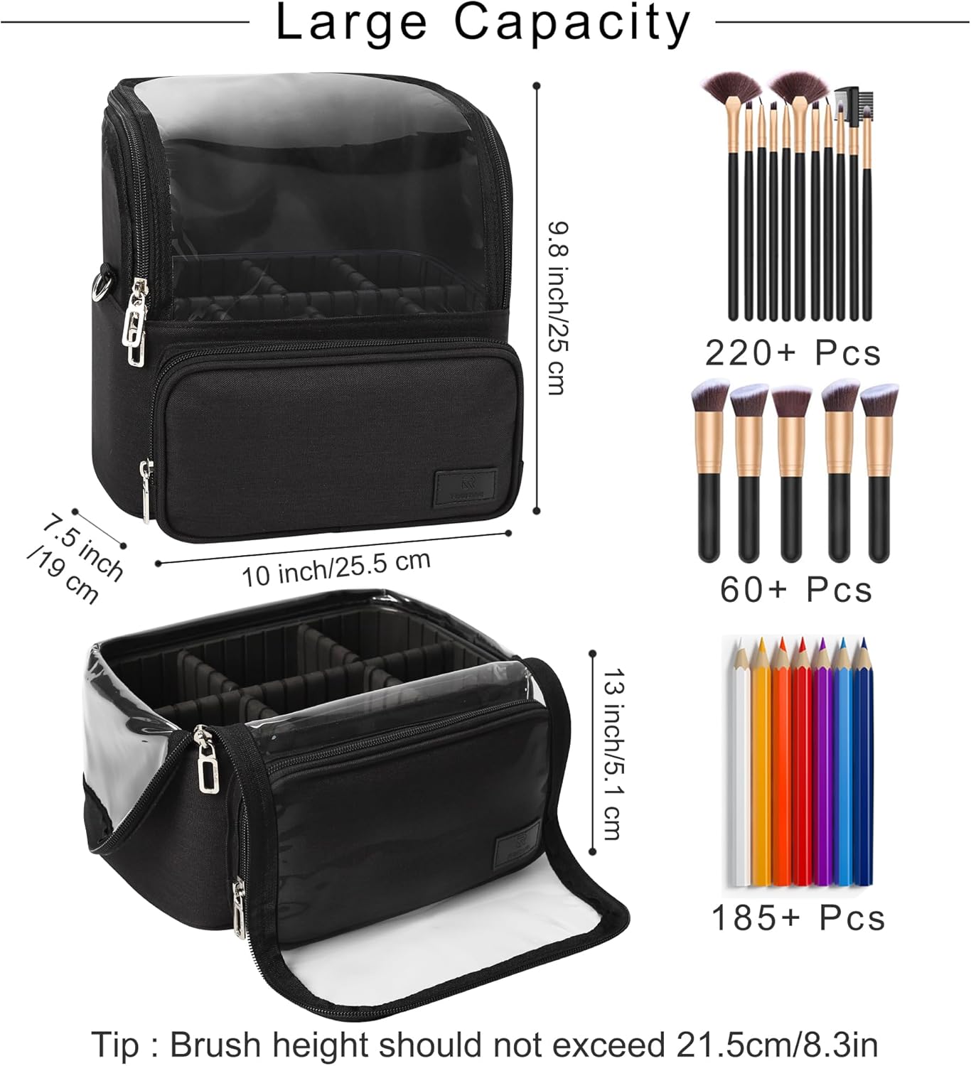 Makeup Brush Bag, Makeup Brush Holder Travel Stand-up Makeup Cup Large Makeup Brush Organizer Case Professional Cosmetic Bag Artist Storage Bag with Adjustable Divider (Large, Black)