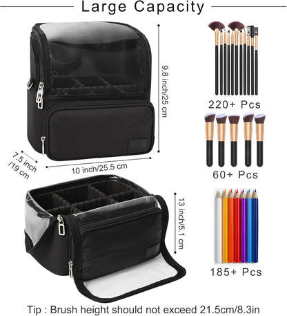 Makeup Brush Bag, Makeup Brush Holder Travel Stand-up Makeup Cup Large Makeup Brush Organizer Case Professional Cosmetic Bag Artist Storage Bag with Adjustable Divider (Large, Black)