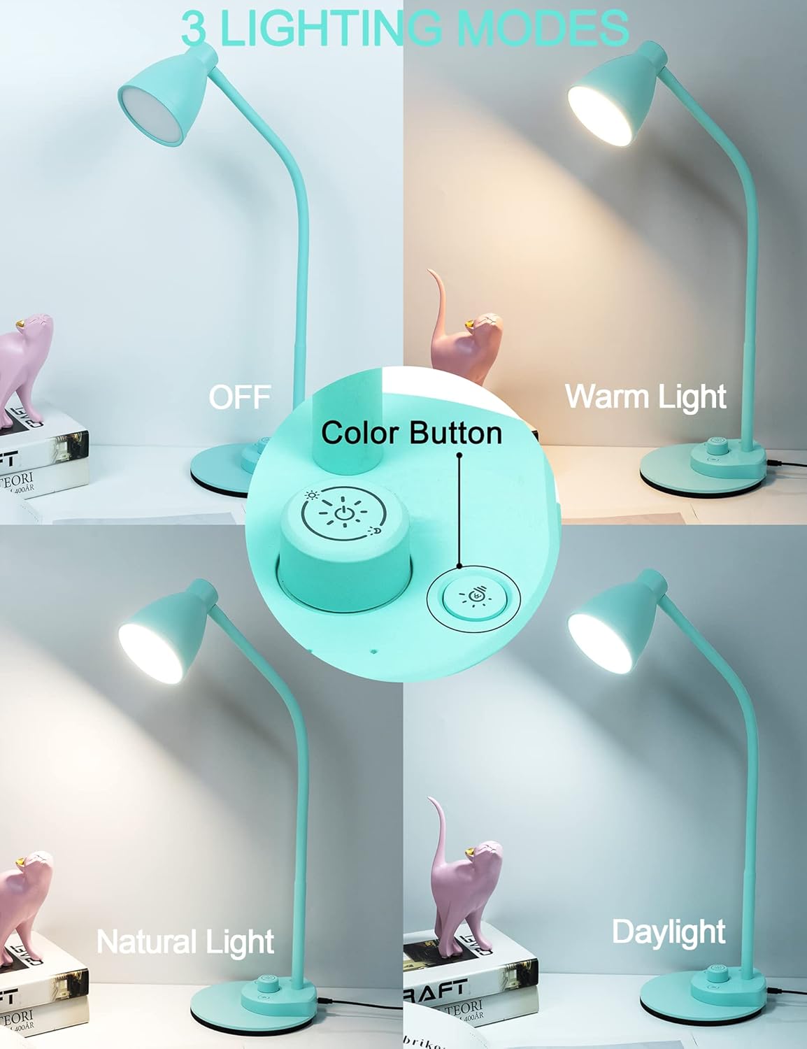 BOHON LED Desk Lamp with USB Charging Port, 3 Color Modes Dimmable Reading Lamp, Auto Dimming Task Lamp, Flexible Neck Table Light for Dorm Bedside, Adapter Include, White