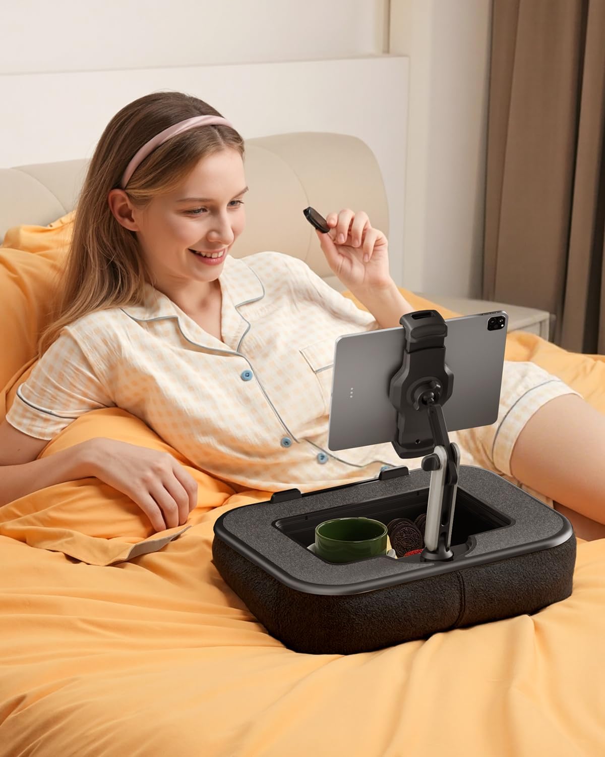 SupeDesk Laptop Lap Desk, Adjustable iPad Holder for Bed, 360° Swivel Tablet Arm, Laptop Desk with Mouse Pad, Snack Bowl & Cup Holder, Fits 4.7–13” Tablets & 15” Laptop