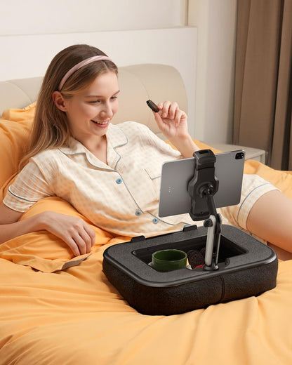 SupeDesk Laptop Lap Desk, Adjustable iPad Holder for Bed, 360° Swivel Tablet Arm, Laptop Desk with Mouse Pad, Snack Bowl & Cup Holder, Fits 4.7–13” Tablets & 15” Laptop