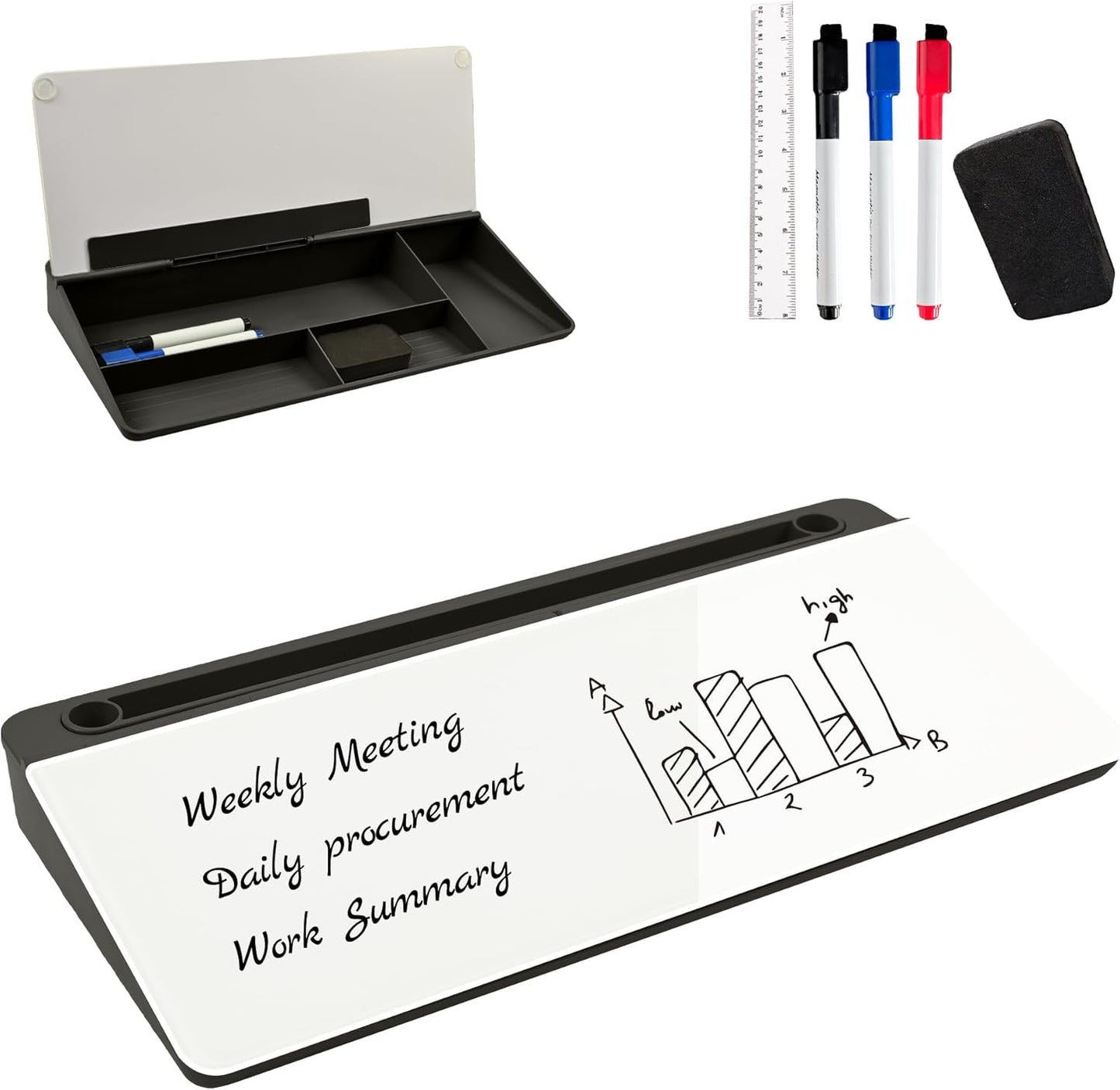 Desktop Whiteboard, Glass Dry Erase Board, Desk Board Buddy,Computer Keyboard Stand,Desk Whiteboard Organizer for Home,Office,School Supplies(White)