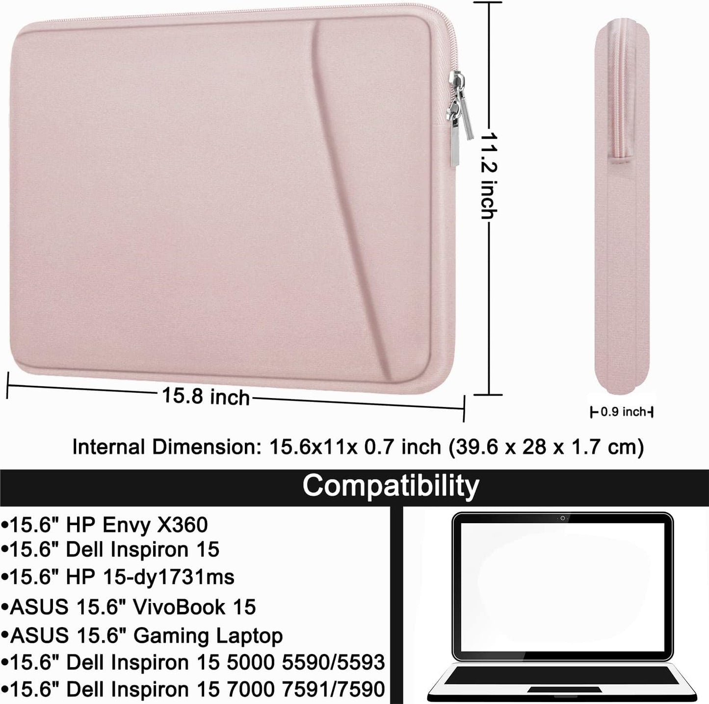 Laptop Sleeve, Durable Briefcase Shockproof Protective Case, Handbags Portable Laptop Bag for 15.6 inch HP Dell Asus Lenovo Notebook Computer with Front Pocket, Black