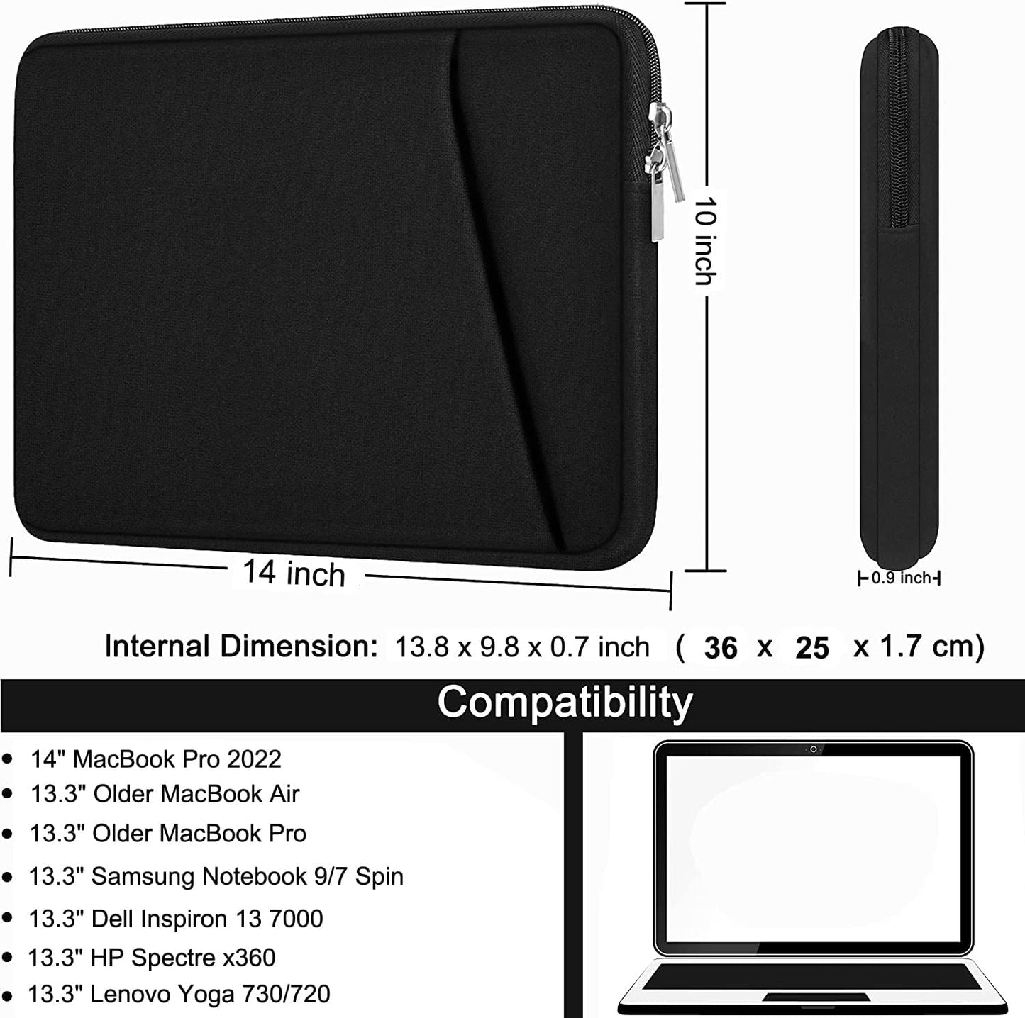 Laptop Sleeve, Durable Briefcase Shockproof Protective Case, Handbags Portable Laptop Bag for 15.6 inch HP Dell Asus Lenovo Notebook Computer with Front Pocket, Black