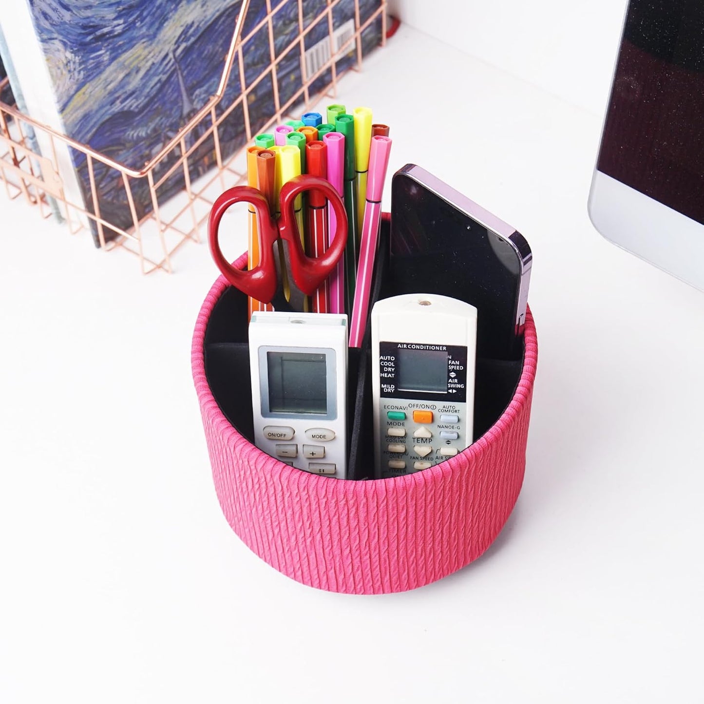 Round Leather Art Supply Organizer,Remote Control Holder,360 Degree Rotating,Multi-Functional Pencil Holder,4 Compartments Desktop Stationary Organizer(1-Fractal Flower) | Round - Colors C