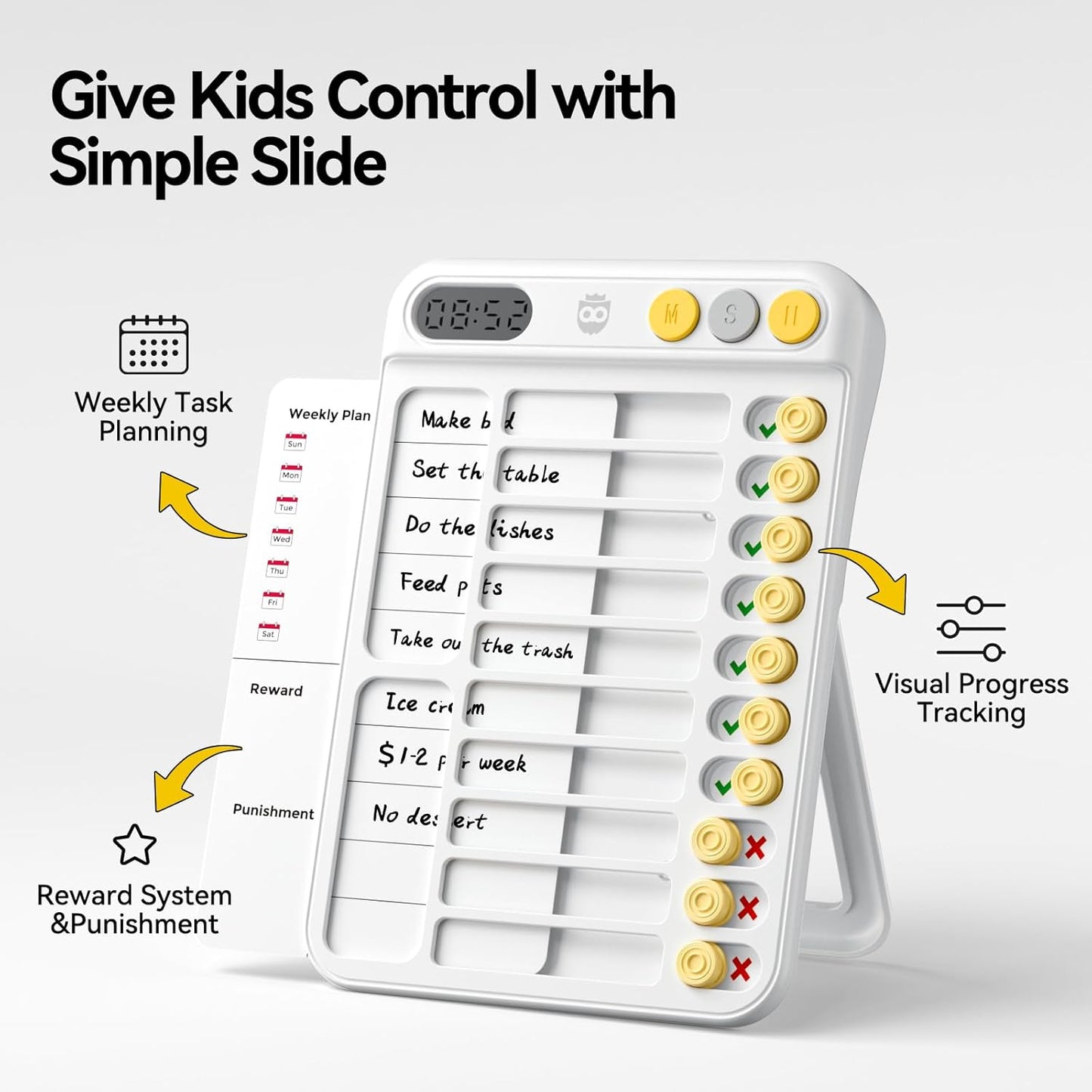 Chore Chart for Kids, Checklist Planning Board with Sliders, 19 Personalizable Sheets and Magnetic Marker, ADHD Tools for Kids to Do List Routine Chart Visual Schedule Board with Stand