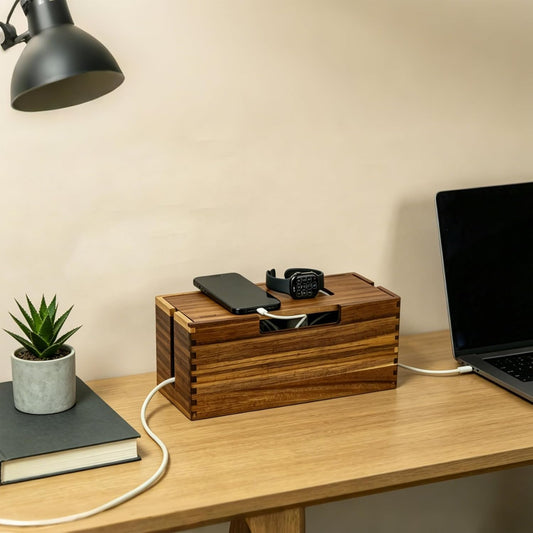 Acacia Wood Cable Management Box, Large Wooden Cord Hider Organizer for Power Strip, TV Wires, Desk & Floor Electrical Cords - Under Desk Wire Storage Box for Home Office Cable Organization