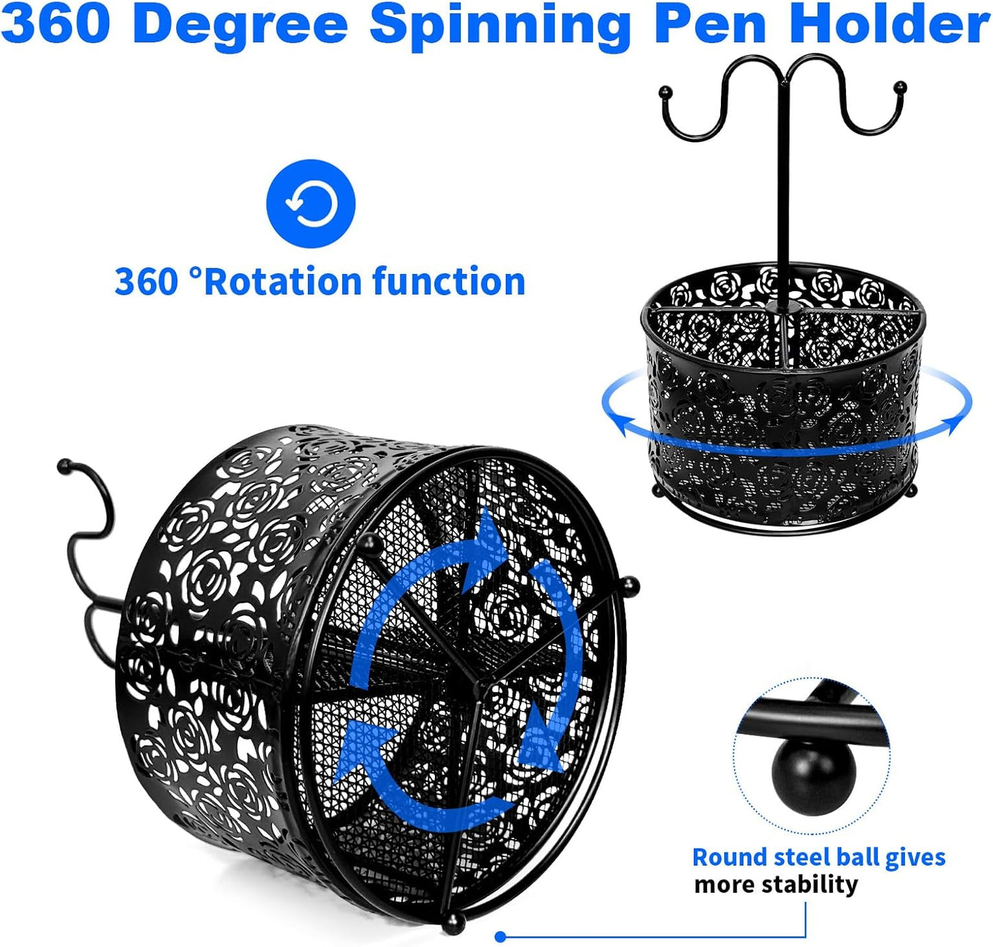 360 Degree Rotate Pen Holder for Desk Mesh Desk Pen Organizer Pencil Holder Large Capacity Accessories & Workspace Organizers for School,Home (Black, No hook)