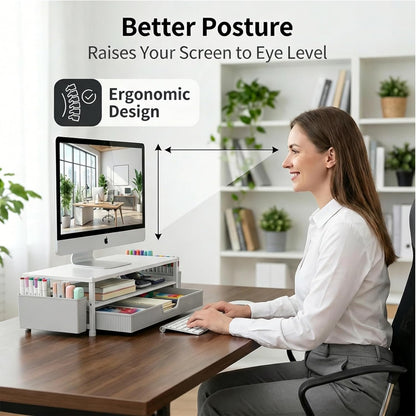 ECOLOVI Desk Organizer and Accessories, 2-Tier Computer Monitor Stand Rise with Storage Drawer & 2 Pen Holders, Laptop & Printer Stand for Desktop, Workspace Organizers for Office Supplies (Brown)