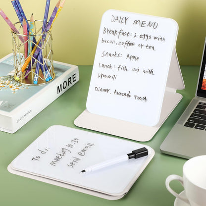 Dunzoom 2 Sets 4 Pcs Small Glass Desktop Whiteboard with Reversable Stand 8x6 Inch Mini Dry Erase White Board Easel with 2 Markers Reusable Desk Notepad for Home Office School Supplies (Pink,Green)