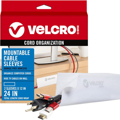 VELCRO Brand Mountable Cable Sleeve | Cord Management Mounts on Walls, Desk or Entertainment Center | Removable Adhesive is Damage Free | 8in Black, 2pk, 8in - 2Pk