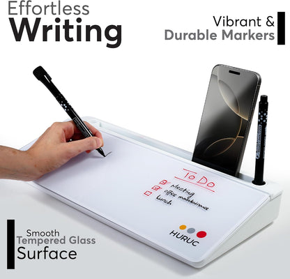 HURUC Small Glass Desktop Whiteboard with Storage,15.3"x7.08"x2.16" inch Desktop Dry Erase Board with Markers & Duster, Desk White Board Buddy Organizer for Home, Office, School (Black)