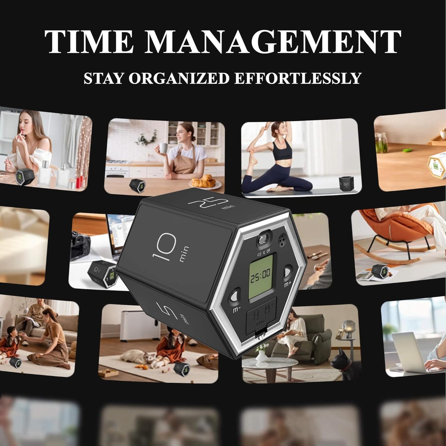 Hexagon Flip Timer, Kitchen Timer for Cooking, Various Time Presets, LCD Digital Display, Magnetic Suction, Mute Alarm Modes, Practical Gift Ideal for Study, Office, Gym, Kitchen, etc. (Black)