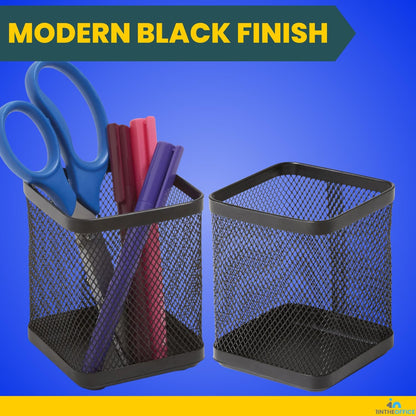 1InTheOffice Pen Cup Holder, Metal Mesh Pencil Cup Holder, Stackable Wire Mesh Regular Pencil Holder, Matte Black 2 Pack