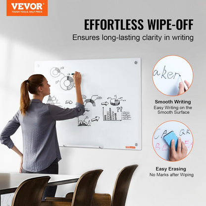VEVOR Magnetic Glass Whiteboard, Dry Erase Board 36"x24", Wall-Mounted Large White Glassboard Frameless, with Marker Tray, an Eraser and 2 Markers, Black