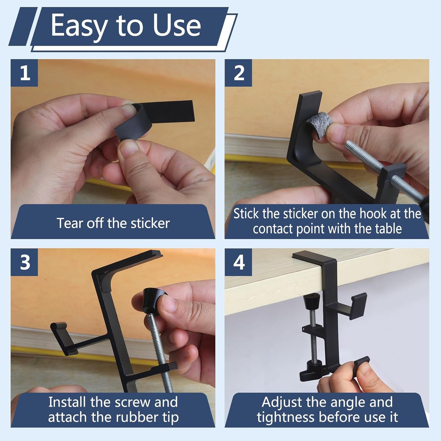 Desktop Hook Under-Table Handbag Hanger Wallet Hook Simple for Holiday Decoration Desktop Backpack Rack Headphone Hanger 2-Piece Pack Double Hook (Black)