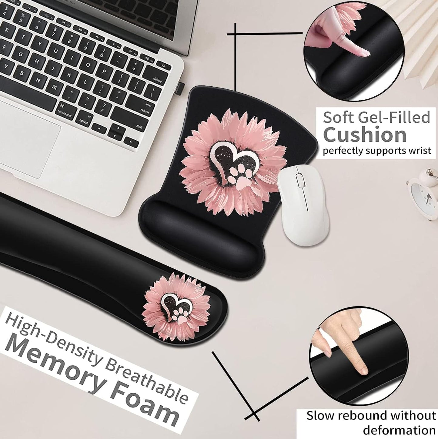 Mouse Pad with Wrist Support, Ergonomic Gel Mouse Pad Beautiful Flowers,Non-Slip Durable, Memory Foam Keyboard Wrist Rest, Suitable for Office Typing Games, Pink Hyacinths on Wood Panel