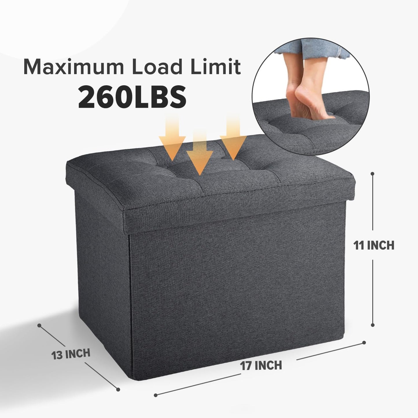 LINMAGCO Ottoman Storage Ottoman with Storage Small Foot Rest Stool Under Desk Stool Short Folding Footrest Linen Cloth Dark Gray 16X12X12IN
