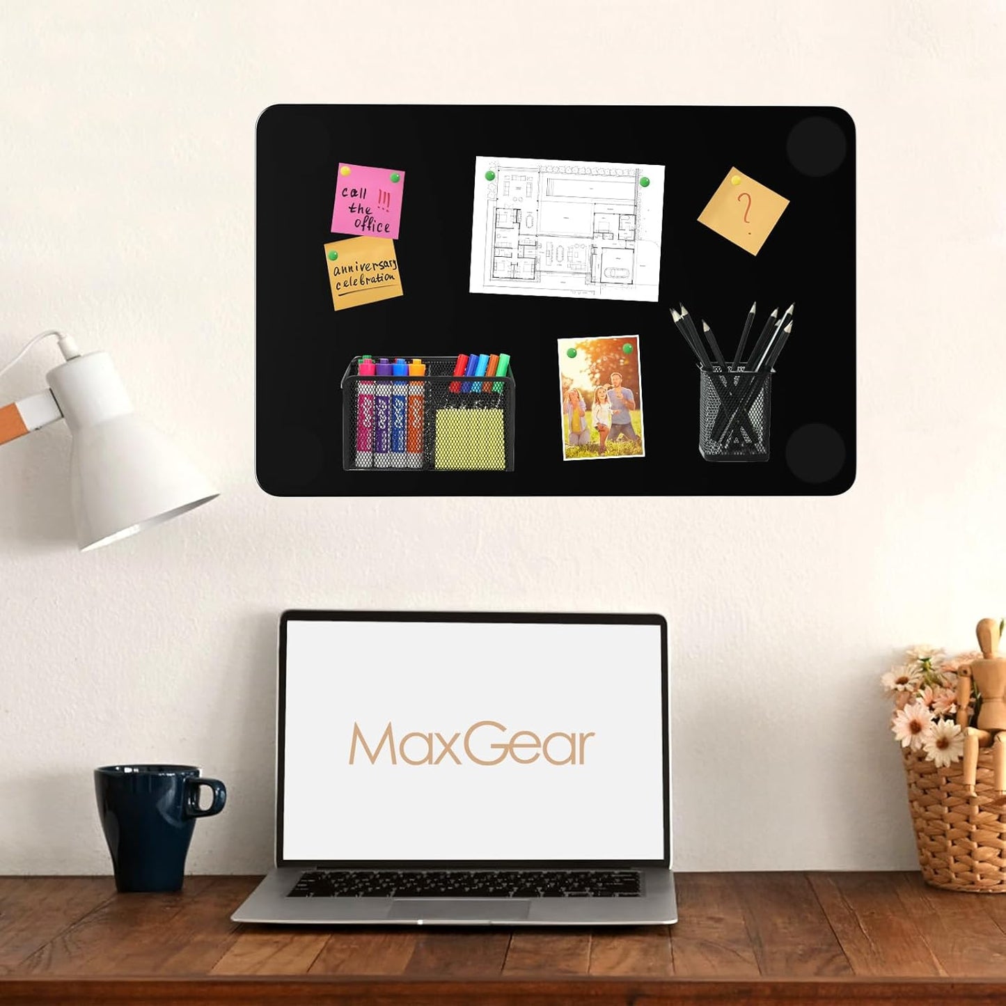 MaxGear Magnetic Board 17.5" x 11.4" Black Metal Magnet Bulletin Board for Wall, Refrigerator, Magnetic Board Display Notes, Photos, and More - Includes Dual Lock Tape and Screws
