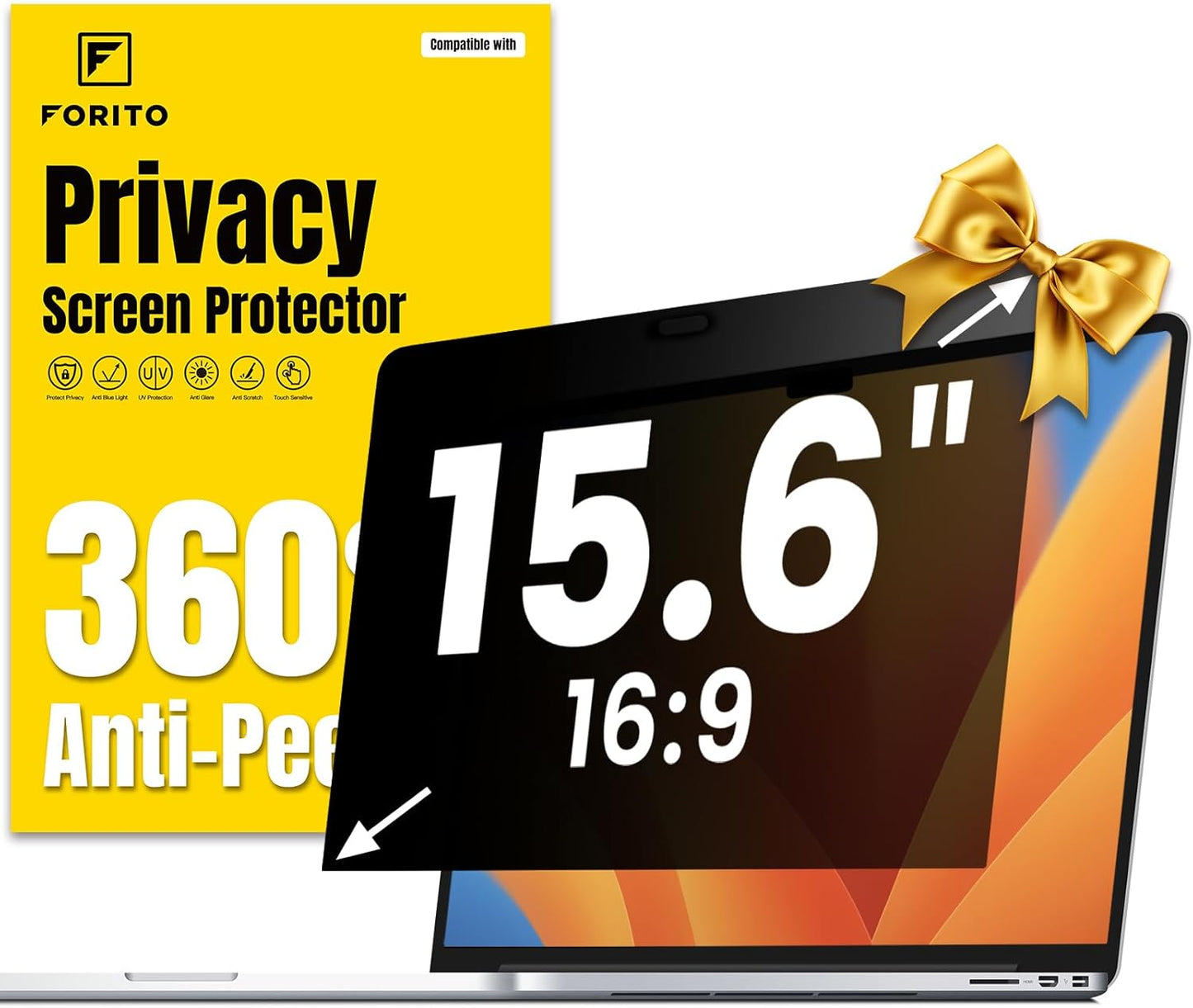 F FORITO 16 Inch 16:10 360° Laptop Privacy Screen Protector, Anti Peeping and Anti Glare Laptop Privacy Shield, Reduce Eye Strain & Eye Protection