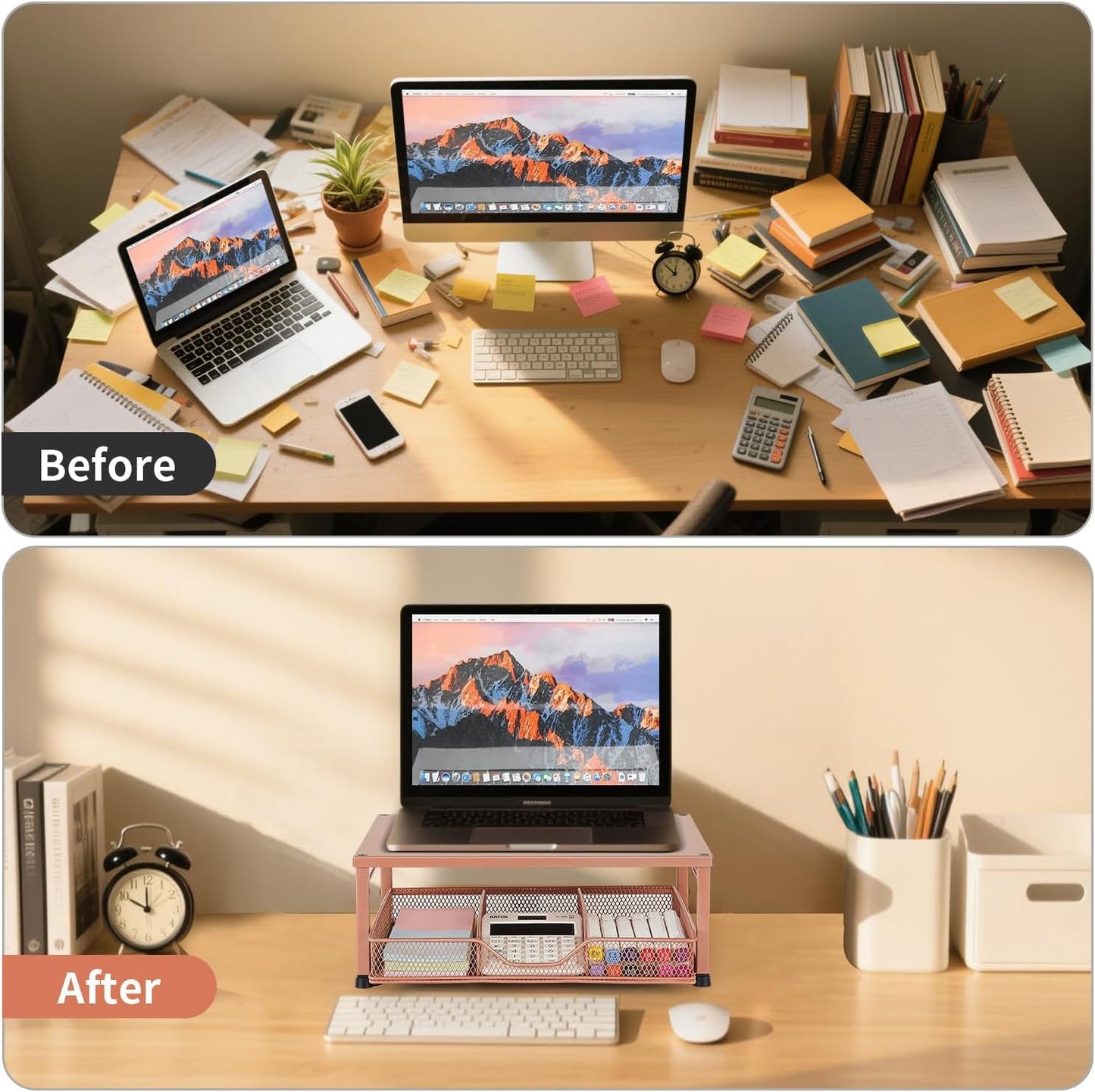 Wood Metal Monitor Stand Riser, Laptop Stand for Desk, Office Desk Organizer and Accessories, Computer Desktop Shelf with Drawer and Pen Holder, Printer Stand for Home, Office, Dorm (Natural Wood)