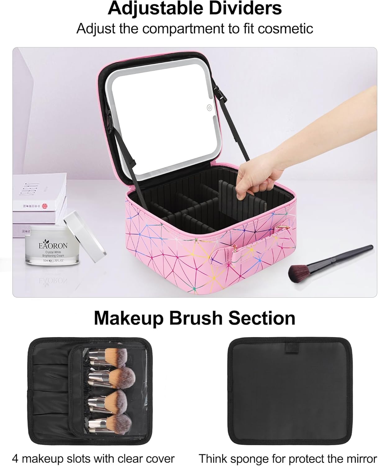 Relavel Travel Makeup Bag With LED Mirror, Cosmetic Train Case with Light up Mirror, Portable Makeup Artist Organizer Bag with Adjustable Dividers, Makeup Brush Holder Storage, Black