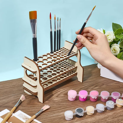 PH PandaHall Wooden Paint Brush Holder, 51 Holes Paint Brush Organizer Rack 2-Tier Desktop Artist Brushes Storage Stand for Painting Brush, Pens, Pencils, Art Craft, 7x3x4.3inch