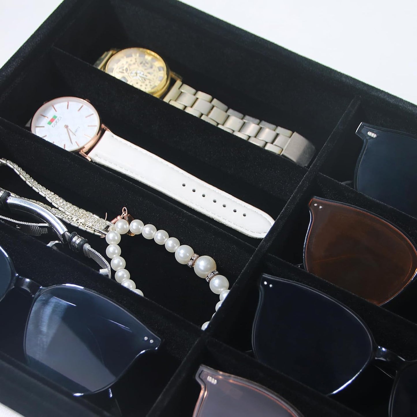 Coward Sunglass Organizer, Beige Velvet Glasses Trays - Eyeglasses Watches Jewelry Display - Men Women (8 Grids)