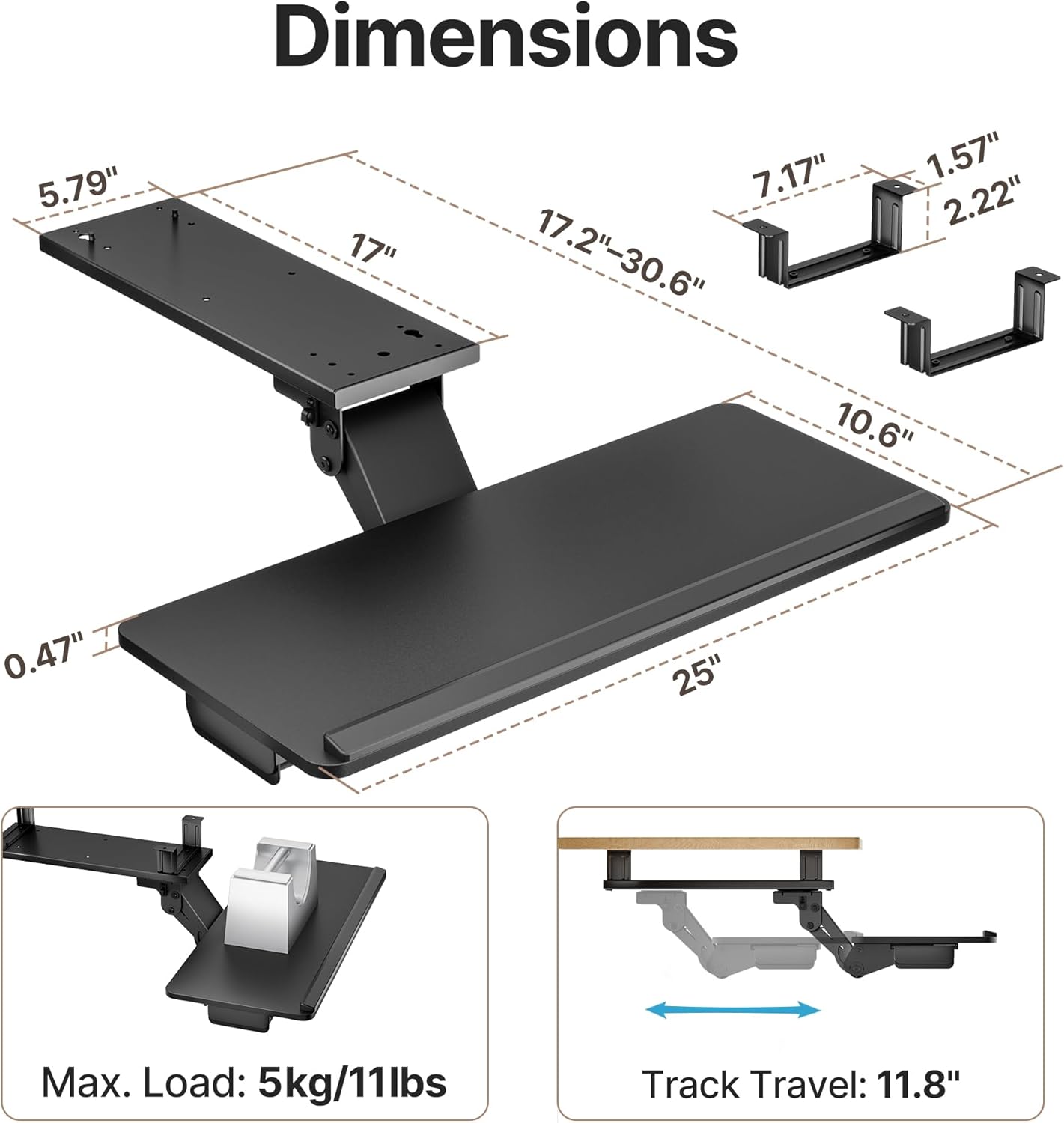 PEGZONE Keyboard Tray Under Desk with Storage Drawer, Height Adjustable Keyboard Tray Slide Out Swivel Tilt, Ergonomic Under Desk Mount Keyboard & Mouse Holder for Gaming Home Office, 25x11'', Black