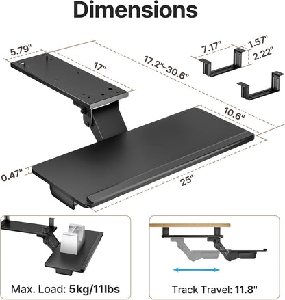PEGZONE Keyboard Tray Under Desk with Storage Drawer, Height Adjustable Keyboard Tray Slide Out Swivel Tilt, Ergonomic Under Desk Mount Keyboard & Mouse Holder for Gaming Home Office, 25x11'', Black