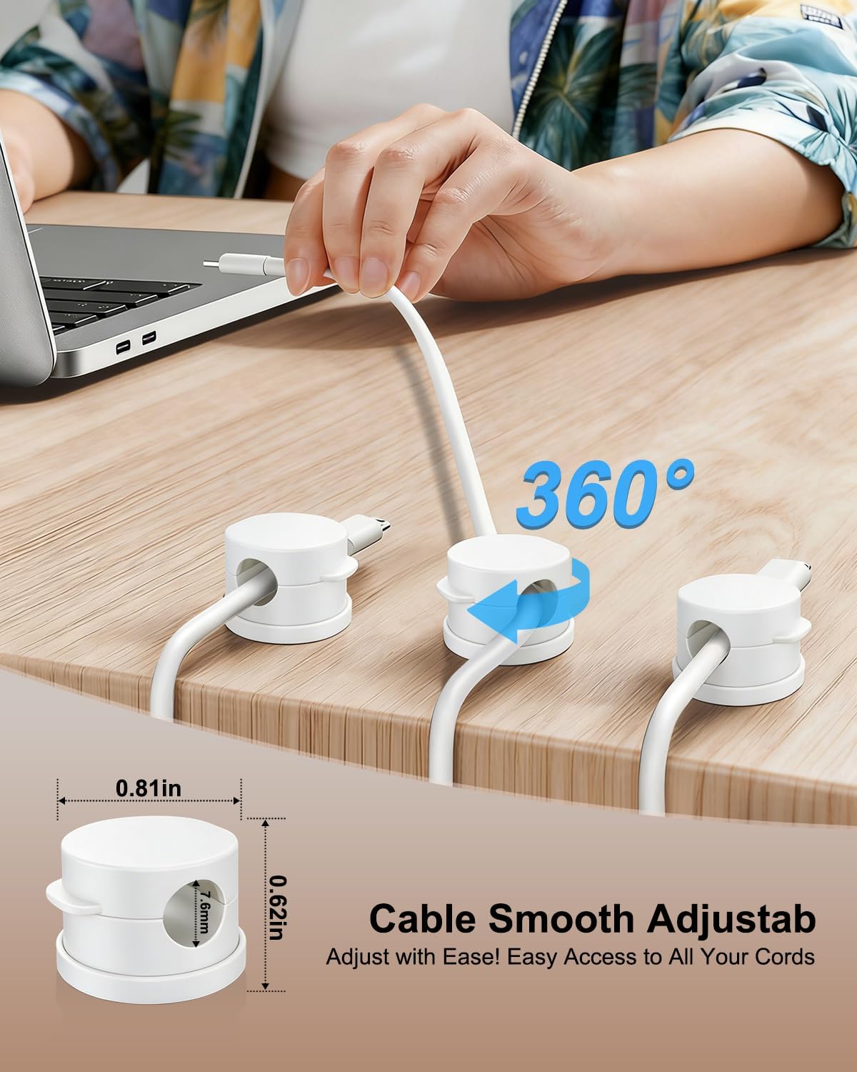 OneLeaf 12 Pack 360° Rotatable Spring Cable Clips[1s Lock], Adhesive Cord Holder for Nightstand, Phone Charger Cord Holder for Desk Home Office Car Game Station
