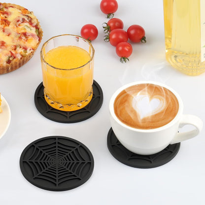 2 Pack Silicone Coasters for Drinks, Round Black Coaster with Deep Tray Grooved Design Cup Mat, Washable Heat Resistant Durable Non-Slip Coasters for Coffee Table Wooden Desk Kitchen Bar