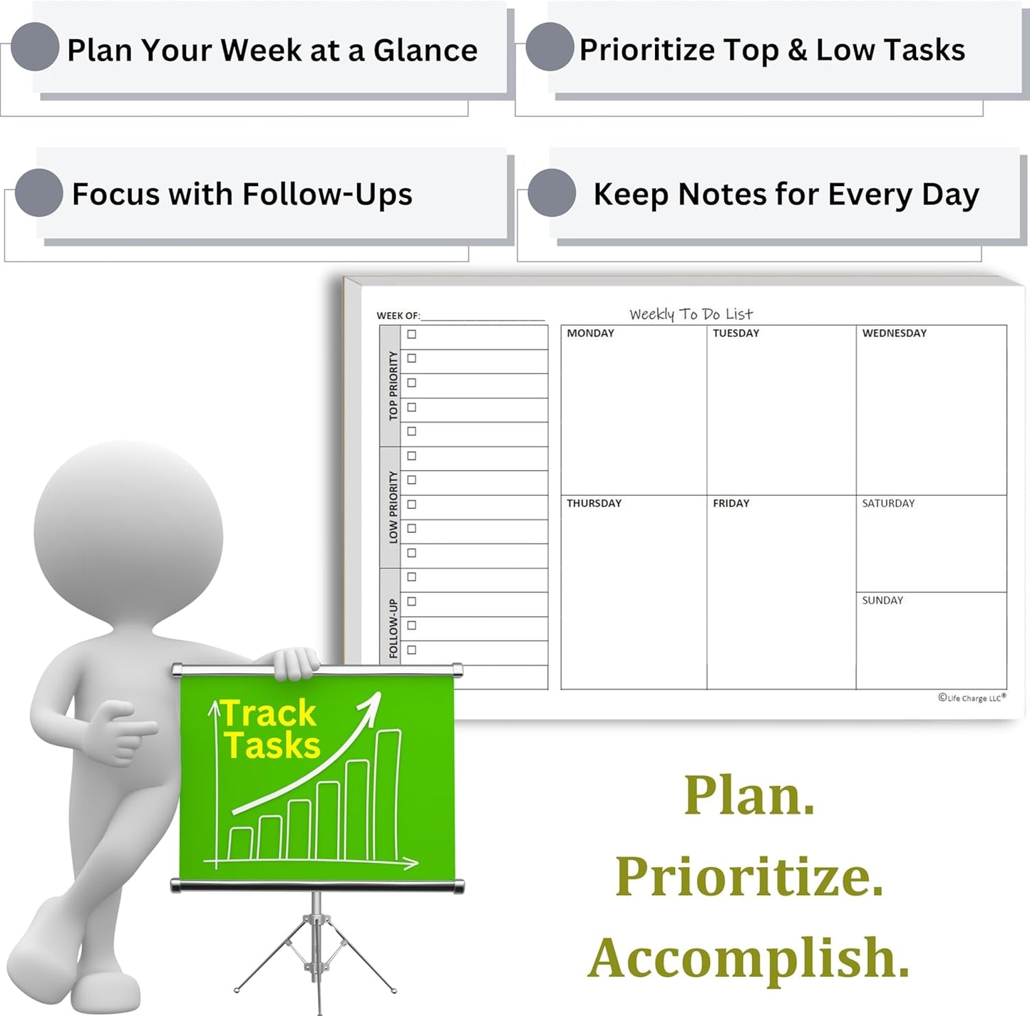 TO DO List Planner Notepad, 60 Page Planning Pad. Undated ToDo Checklist w/Priority & Note Sections. Organize & Track Projects, Clients or Daily Tasks. 8.5 X 11, A4 Tear Sheets.