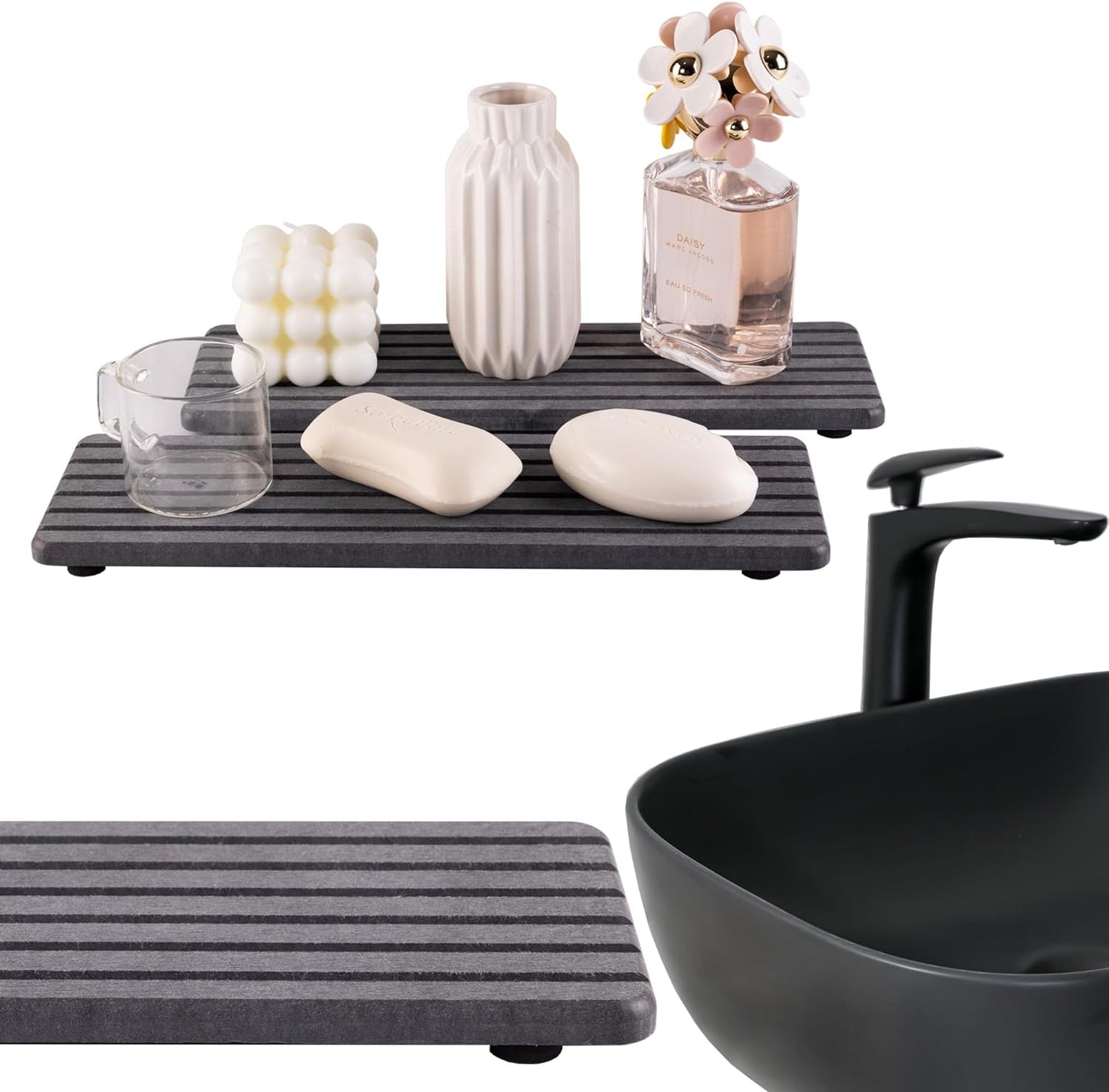 NiuYichee 2 PCS Water Absorbent diatomite Coasters, 8.3" x 4" Water Absorbing Stone Tray for Sink, Stone Drying mat for Kitchen Counter, Stone soap Tray Used for Hand Soaps & toiletries & Plants